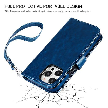 Bocasal Detachable Wallet Case Card Holder for iPhone 15 Pro Max Blue | RFID Blocking Kickstand Card Slots Holder PU Leather Magnetic Shockproof Wrist Strap Removable Flip Protective Cover 6.7 inch - color: Blue