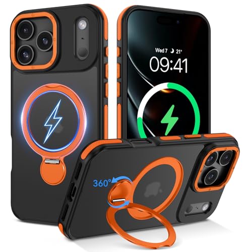 DUEDUE for iPhone 17 Pro Max Case with 360°Spin Magnetic Stand[Compatible with MagSafe][Rotatable Ring Holder], Translucent Cover Slim Protection Cases for iPhone 17 Pro Max 6.9", Orange/Black - color: Orange/Black, size: for iPhone 17 Pro Max 6.9"