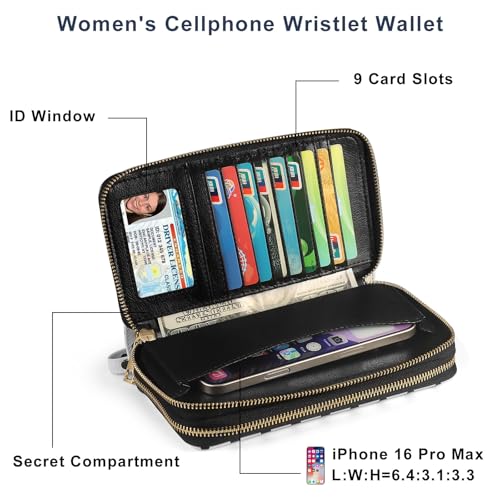 RFID Blocking Cellphone Wallet for Women with Removable Strap, Large Capacity Multi Card Wristlet Purse for Travel, Coin Pocket & Double Zipper, Polka Dot - color: Black Polka Dot
