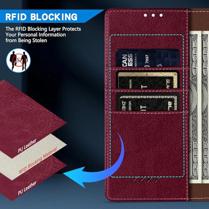 ZZXX for Samsung Galaxy A17 5G Wallet Case with [RFID Blocking] Card Slot Kickstand Magnetic Closure PU Leather Flip Fold Protective Phone Case for Samsung Galaxy A17(Wine Red-6.7 inch) - color: Wine Red