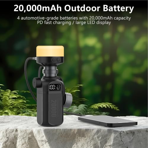 20,000mAh Rugged Power Bank with Fast Charge USB-C PD, IP68 Waterproof Shockproof, Includes 420lm Bright Camping Lantern, Tactical Outdoor Charger for Hiking Camping Survival Emergency（Black） - color: Black