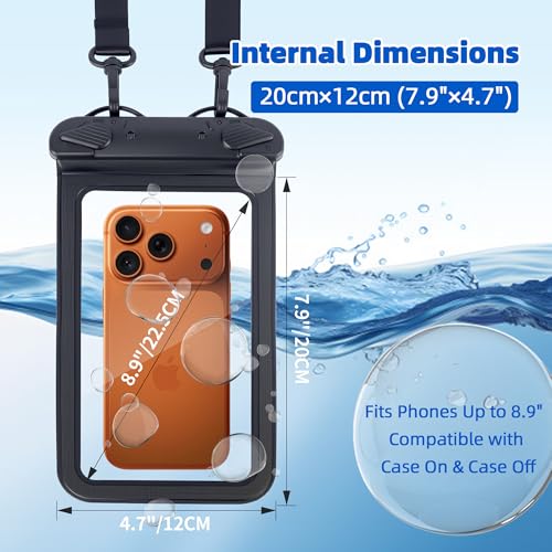 IPX8 Waterproof Phone Pouch Universal Cell Phone Dry Bag Patented Sealed Lock Lanyard Mobile Phone Case for Swimming Surfing Beach for iPhone 17 16 15 Samsung S26 S25 Xiaomi up to 8.9" - color: Black - 1 Pack