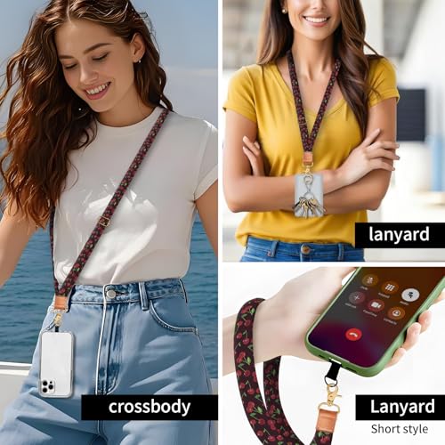 Phone Lanyard Crossbody Wrist Strap, Universal Adjustable Neck Strap for Phone Case Keys ID Badges, Travel Essential - color: Black Red Cherry