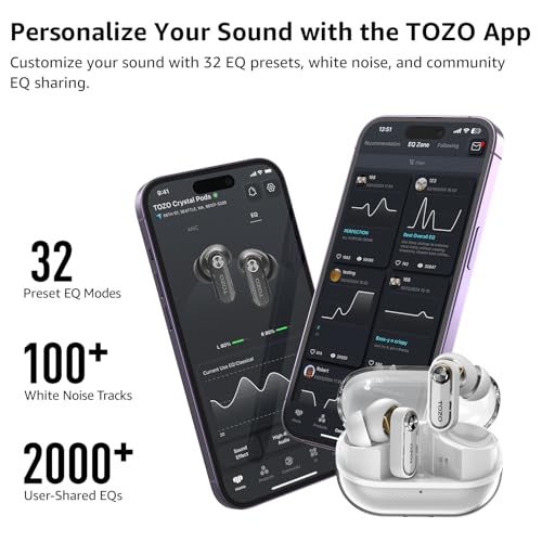 TOZO Crystal Pods Hybrid Active Noise Cancelling Wireless Earbuds, White - color: White