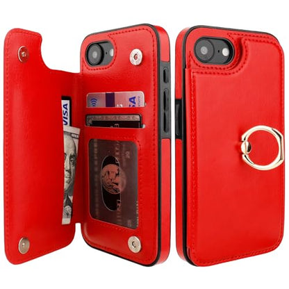 ONETOP for iPhone 17e/16e Wallet Case with Credit Card Holder,Red | 360° Rotation Ring Kickstand,Finger Grip,Double Magnetic Clasp,RFID Blocking PU Leather Shockproof Cover for Women Men - color: Red