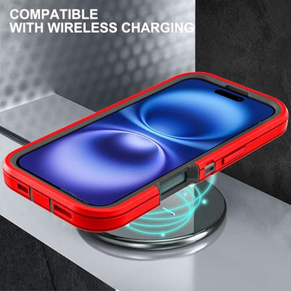 YKHJKLEC for iPhone 16 Case, Military Grade 3 in 1 Heavy Duty Shockproof/Drop Proof/Dust Proof Case with 2Pcs Tempered Glass Screen Protector (Red/Black) - color: Red/Black