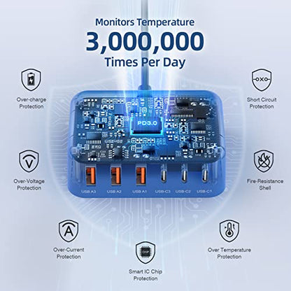 100W 6 in 1 USB Charger, 50% Smaller Charging Station for Multiple Devices - color: C-Blue