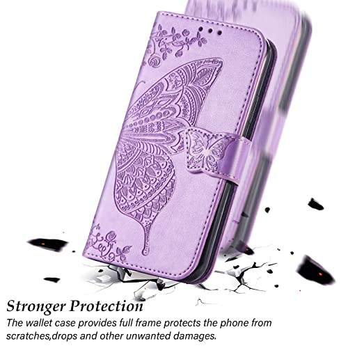for iPhone 12 Pro/iPhone 12 Wallet Case,Women Flip Folio Cover with Butterfly Embossed PU Leather Kickstand Credit Card Holder Slots Wrist Strap for iPhone 12/12 Pro 6.1 inch (Lavender) - color: Lavender