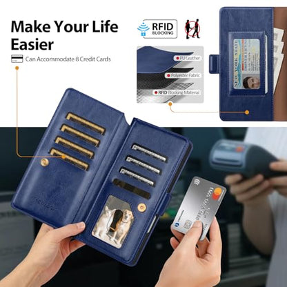 Compatible with iPhone 17 Pro Max Case Wallet with Card Holder [9 Card Slot] Women Men,RFID Blocking Luxury PU Leather Phone Case Flip Folio Protector Cover Credit Card Slot Kickstand,Blue - color: Blue, size: iPhone 17 Pro Max