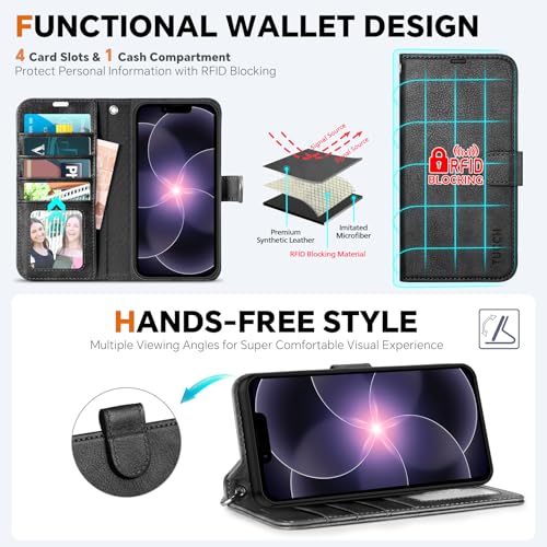 TUCCH Detachable 2-in-1 Case Wallet for iPhone 17e/16e 6.1", Textured Black | 4 Card Slots, RFID Blocking, Wireless Charging, Viewing Stand, Wrist Strap, PU Leather, Shockproof TPU, Magnetic, Flip Cover - color: Black - Textured