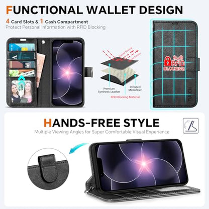 TUCCH Detachable 2-in-1 Case Wallet for iPhone 17e/16e 6.1", Textured Black | 4 Card Slots, RFID Blocking, Wireless Charging, Viewing Stand, Wrist Strap, PU Leather, Shockproof TPU, Magnetic, Flip Cover - color: Black - Textured