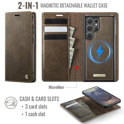 for Samsung Galaxy S25 Ultra 2in1 Detachable Wallet Case, Brown | Compatible with Magsafe, Magnetic, RFID Blocking Card Holder, Shockproof, Kickstand, Wireless Charging, PU Leather Flip Cover - color: Retro Brown, size: Galaxy S25 Ultra - 6.9"