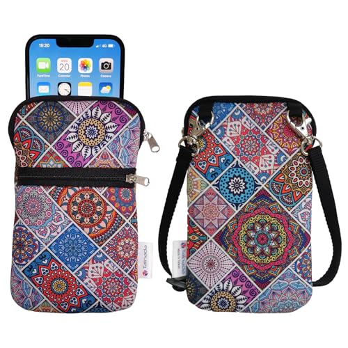 Tainada Small Crossbody Zipper Phone Neck Pouch (Bohemian Pattern) mini Neoprene Dual Zip Wallet Purse Bag; Water-Resistant, Shockproof, Lightweight; Adjustable & Detachable Strap - color: Bohemian Pattern