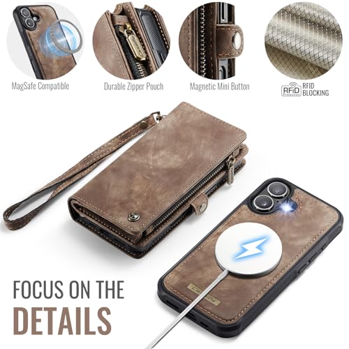 Compatible with iPhone 17 Wallet Case with Magsafe with Zipper & Card Holder Strap Wristlet Detachable Magnetic Protective Back Case for iPhone 17 5G 6.3 Inch (Brown) - color: (Detachable and Magsafe)-Brown, size: iPhone 17 6.3 Inch