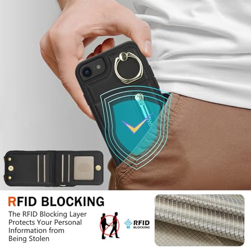 Crossbody Wallet Case for iPhone 7/8/SE 2020/SE 2022 with Lanyard Strap Card Slot Holder RFID Blocking Kickstand,Magnetic Flip Folio Zipper Purse Case, PU Leather Cover Handbag,Black - color: Black, size: iPhone 7/8/SE 2020/SE 2022(4.7")