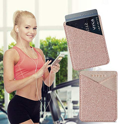 Glitter PU Leather Phone Card Holder Stick On Back of Phone Wallet - color: RoseGold