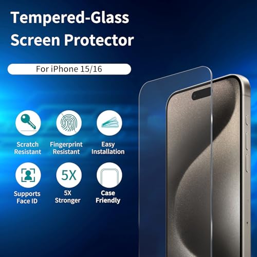 ImpactStrong 3-Pack Shatterproof Tempered Glass Screen Protector for iPhone 15 / iPhone 16 [Easy Installation Frame] [Bubble Free] [9H Hardness] [Full Coverage] Case Friendly, 6.1 Inch - size: iPhone 16/15