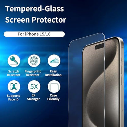 ImpactStrong 3-Pack Shatterproof Tempered Glass Screen Protector for iPhone 15 / iPhone 16 [Easy Installation Frame] [Bubble Free] [9H Hardness] [Full Coverage] Case Friendly, 6.1 Inch - size: iPhone 16/15