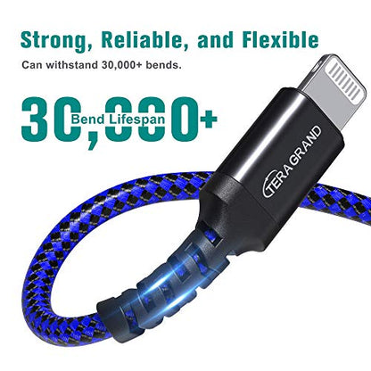 Tera Grand - Apple C89 MFi Certified Lightning to USB-A Braided Cable for iPhone 14/13/12/11 Pro Pro Max Plus Mini, SE XS Max XR X, 8/7/6 Plus, iPad, AirPods, 10 Ft Black/Blue - color: Black/Blue, size: 10 ft