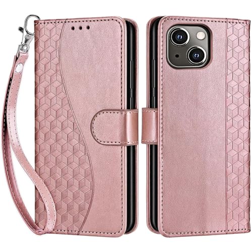 for iPhone 13/14 Wallet case, Rose Gold | 3 Card Holders, Kickstand, Shockproof TPU Shell, PU Leather, Magnetic Closure, Protective Flip Folio Cover, Women - color: 5