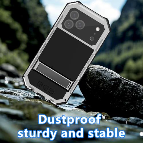 Simicoo Military Metal Heavy Duty Case Compatible with iPhone 17 Pro, Drop Protection Rugged Defender Metal Bumper Screws Phone Cover with Stand Gorilla Glass Camera Cover Full Body Dustproof Silver - color: Silver, size: iPhone 17 Pro