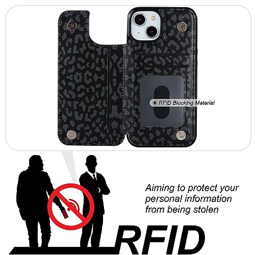 HAOPINSH for iPhone 13/14 Wallet Case with Card Holder, Black Leopard Cheetah Pattern Back Flip Case PU Leather Kickstand Card Slots Case for Women Girls, Double Magnetic Clasp Cover 6.1" - color: Black Leopard