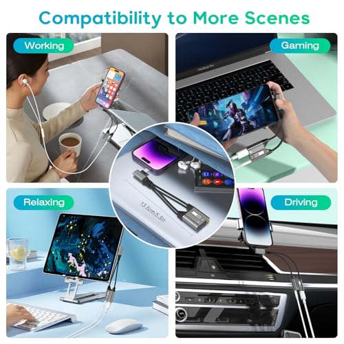 2-IN-1 Right Angle Magnetic Lightning to 3.5mm Audio Jack Headphone and Charge Cable Adapter for iPhone,90 Degree Earphone Converter Splitter Support Music+Charge+HiFi+Mic for iPhone14 13 12 11