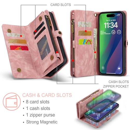 Compatible with iPhone 15 Wallet Case with Magsafe,Pink | Magnetic Detachable Case,Card Holder,Zipper Pocket,Strap Wristlet, Soft Leather Drop-Proof Phone Case for iPhone 15 6.1" - color: Pink, size: iPhone 15 6.1"
