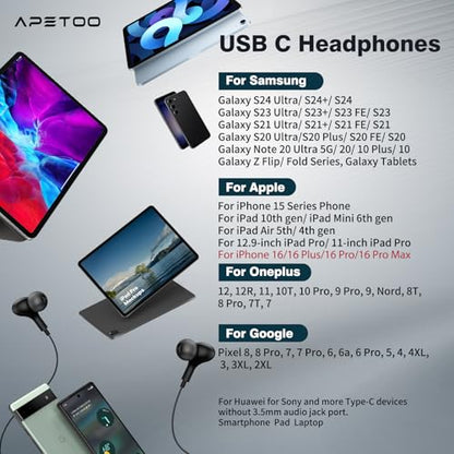 USB C Headphones for iPhone 18 Pro Max 17 16 15/Galaxy S26 FE Wired Earbuds - color: Black