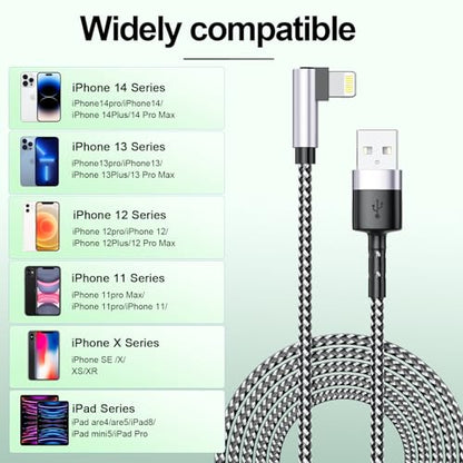 3Pack Right Angle Long iPhone Charge Cable, 90 Degree Apple USB A to Lightning Cable 6FT/2M*2+10FT/3M,Nylon Braided Sync Data Charger Cable, Fast Charge Cord for iPhone 14 13 12 11 Pro Max Xr 8 7 Plus
