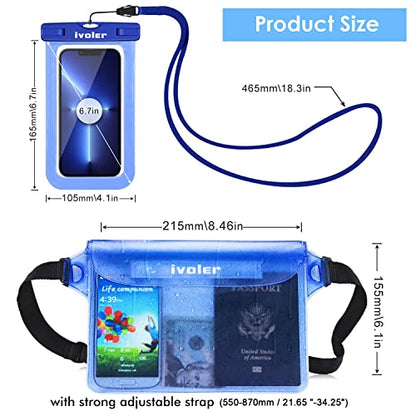 ivoler 2-Pack Waterproof Fanny Pack & Phone Pouch, Dry Bag for Passport, Phone & Wallet, Floating Waterproof Phone Case for Beach, Swimming, Kayaking, Boating, Cruise Essentials & Travel - color: Translucent Blue & Royal Blue