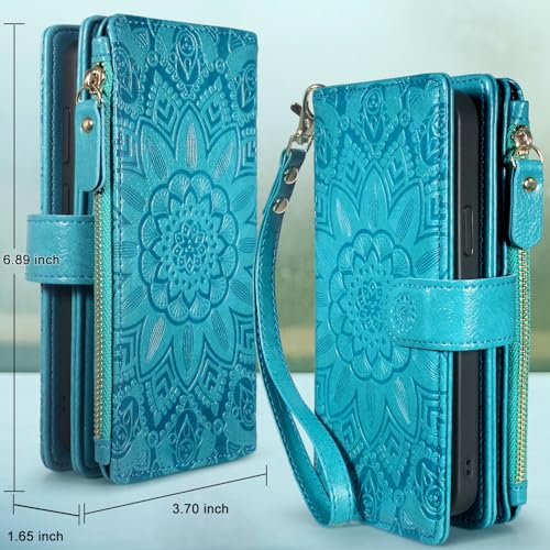Harryshell Detachable Wallet Leather Case Compatible with Motorola Moto G 5G 2024 Magnetic Phone Case Zipper with Cash Coin Pocket Multi Card Slots Holder Wrist Strap Lanyard (Flower Blue Green) - color: Flower Blue Green, size: Moto G 5G 2024