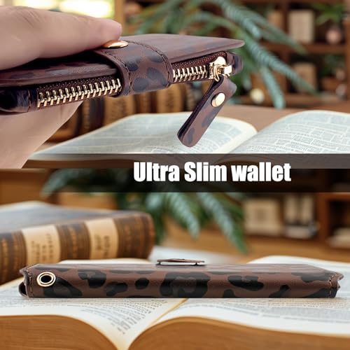 M-Plateau RFID Blocking Keychain Wallet With Leather Wrist Strap | Keychain Wristlet, Womens Card Holder with Zipper Coin Pocket and ID Window - color: Leopard