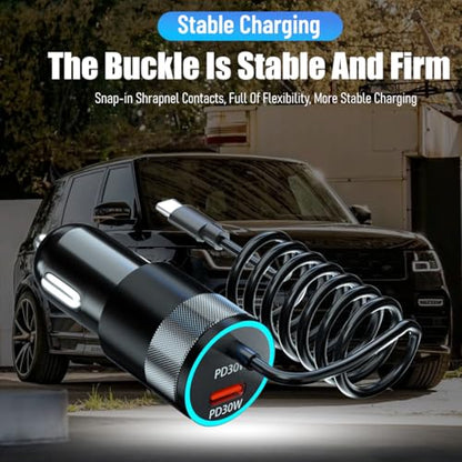 Ankuee USB C Car Charger, PD30W Vehicle Cigarette Lighter Adapter with Built-in Type C Fast Charging Cable, Automotive USB C Charging Adapter, Universal for SUV Automobile Truck
