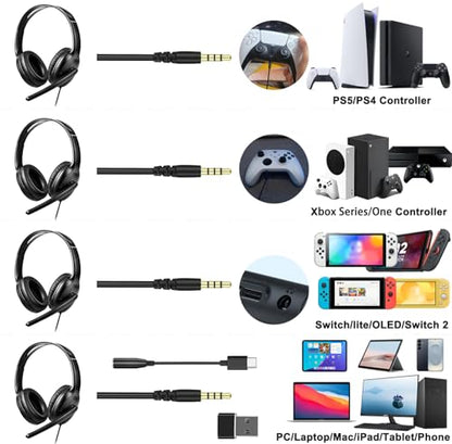 Megadream Over Ear Gaming Headset with Mic (3.5mm) - Headphone with to-Shiba Speaker, Protein Earpads Braided Cable for PS5/PS4/Xbox/Switch/PC/iPad/Tablet/Remote Work/Office- with USB-C/USB-A Adapter - color: Black | Dual Ear | Vertical Mic