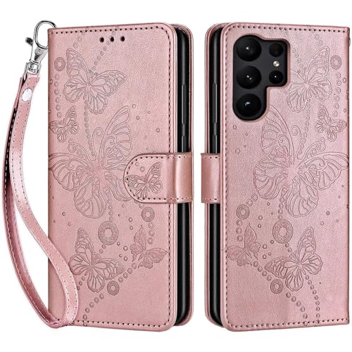 for Samsung Galaxy S23 Ultra Wallet case, Rose Gold-Butterfly | 3 Card Holders, Kickstand, Shockproof TPU Shell, PU Leather, Magnetic Closure, Protective Flip Folio Cover, Women - color: 6