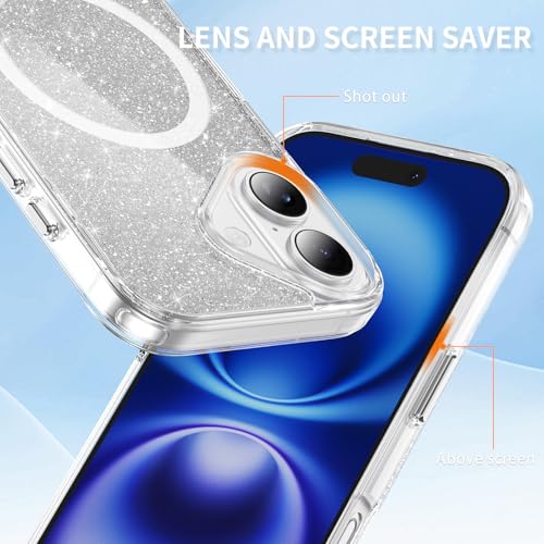LEMAXELERS Clear Sparkly Magnetic Case for iPhone 16 Plus -Clear SF | Glitter Anti-Yellowing Slim TPU Bumper Compatible with Magsafe Shockproof Protective Transparent Cover - color: Clear, size: iPhone 16 Plus