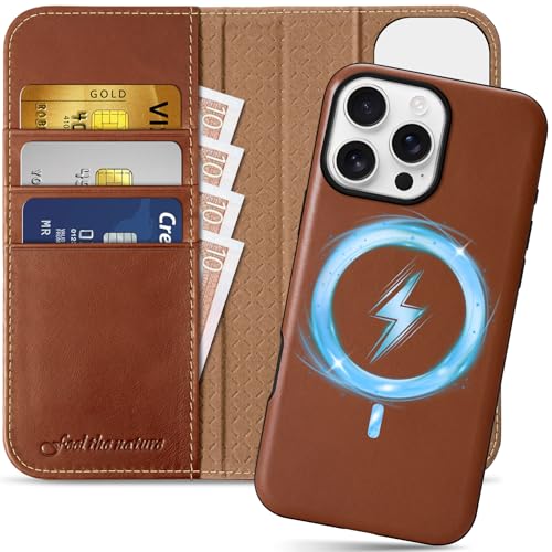 SHIELDON 2 In 1 Leather Wallet Case for iPhone 16 Pro Max 6.9", Retro Brown | Genuine Leather, Wireless Charging, Detachable, Kickstand, Magnetic Closure, RFID Blocking, Credit Card Slot, Folio Cover - color: Retro Brown, size: for iPhone 16 Pro Max