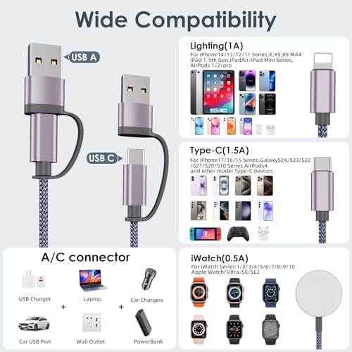 2Pack Travel Essentials,Multi Charging Cable for Apple Watch Charger Gray - color: Gray, size: 2Pack-4FT