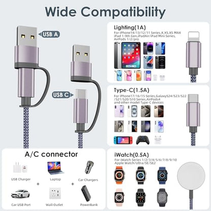 2Pack Travel Essentials,Multi Charging Cable for Apple Watch Charger Gray - color: Gray, size: 2Pack-4FT