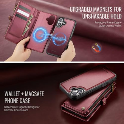 Defencase for iPhone 17 Phone Case Wallet Compatible with Magsafe, Wine Red | Magnetic Detachable, Drop-Proof Protective Wallet Cases Cover, with RFID Bolcking Card Holder, Zipper Strap, Soft PU Leather - color: (Detachable with Magsafe)-Wine Red