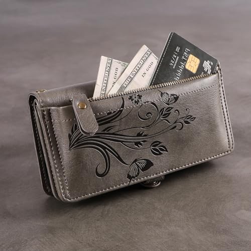 for Google Pixel 9 Pro XL/10 Pro XL Case Wallet,RFID Blocking Card Holder Zipper Leather Flip Cover Crossbody Wrist Strap with Stand (Floral Gray) - color: Floral Gray
