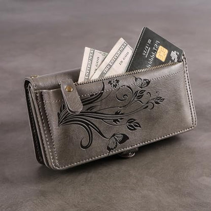 for Google Pixel 9 Pro XL/10 Pro XL Case Wallet,RFID Blocking Card Holder Zipper Leather Flip Cover Crossbody Wrist Strap with Stand (Floral Gray) - color: Floral Gray