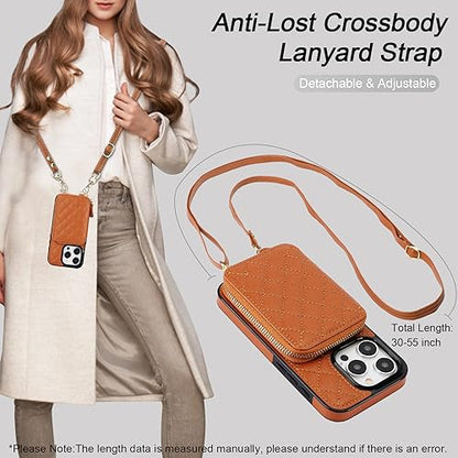 Bocasal Crossbody Wallet Case Card Holder for iPhone 15 Pro, Brown | RFID Blocking PU Leather Zipper Handbag Purse, Kickstand Flip Folio Case with Card Slots Holder Wrist Strap Lanyard 6.1 Inch - color: Brown