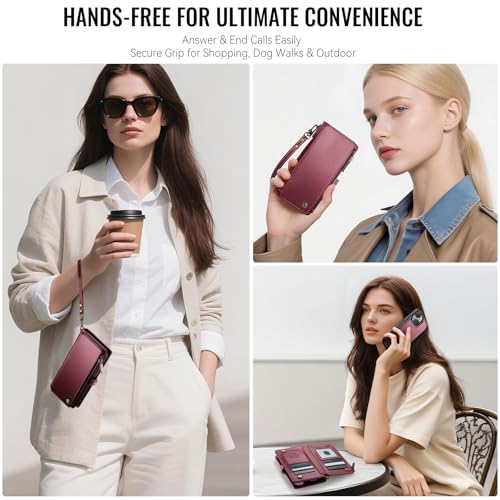 Defencase for iPhone 14 Plus Case Wallet Compatible with Magsafe, Wine Red | Drop-Proof Magnetic Detachable Phone Cases Cover, with RFID Bolcking Card Holder, Zipper Strap, PU Leather, Removable Wallet - color: (Detachable with Magsafe)-Wine Red