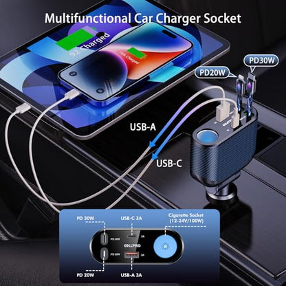 OHLPRO Retractable Car Charger Cigarette Lighter Adapter, 168W 5 in 1 Fast Phone Charging Built-in Replaceable Fuse, Socket Splitter with USB C and USB i Cord, Fit for Phone iPad Galaxy GPS, Blue - size: USB-C+USB-I