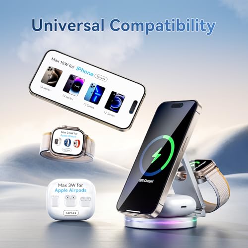3 in 1 Wireless Charging Station for Apple Charger, 15W Fast Mag-Safe Qi-Certified Magnetic Portable Charger Stand for iPhone 1615141312 Apple Watch AirPods 3/2 Pro, Adjustable Angle (Silver, Qi)