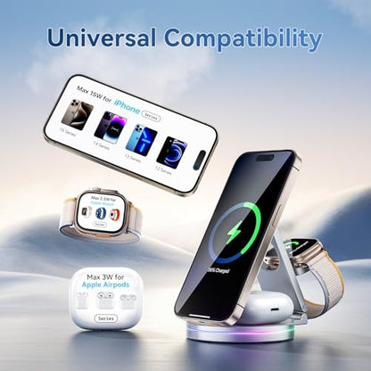 3 in 1 Wireless Charging Station for Apple Charger, 15W Fast Mag-Safe Qi-Certified Magnetic Portable Charger Stand for iPhone 1615141312 Apple Watch AirPods 3/2 Pro, Adjustable Angle (Silver, Qi)