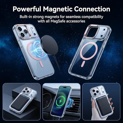 for iPhone 17 Pro Max Clear Case with Electroplated Camera Ring & Buttons, MagSafe Compatible, Military-Grade Shockproof, Anti-Yellowing Slim Transparent Cover - color: Pink