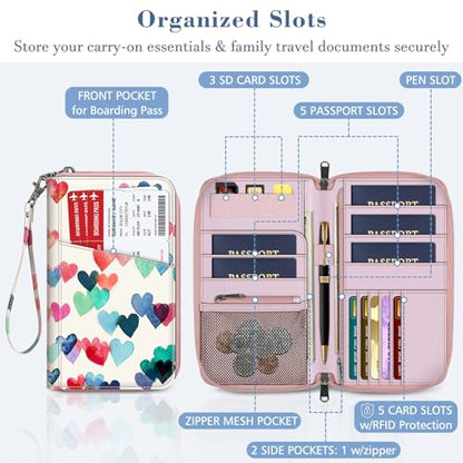 FINTIE Family Passport Holder Wallet Travel Document Organizer Clutch Bag | RFID Blocking Credit Cards Case Cover for Women Men - color: Raining Hearts